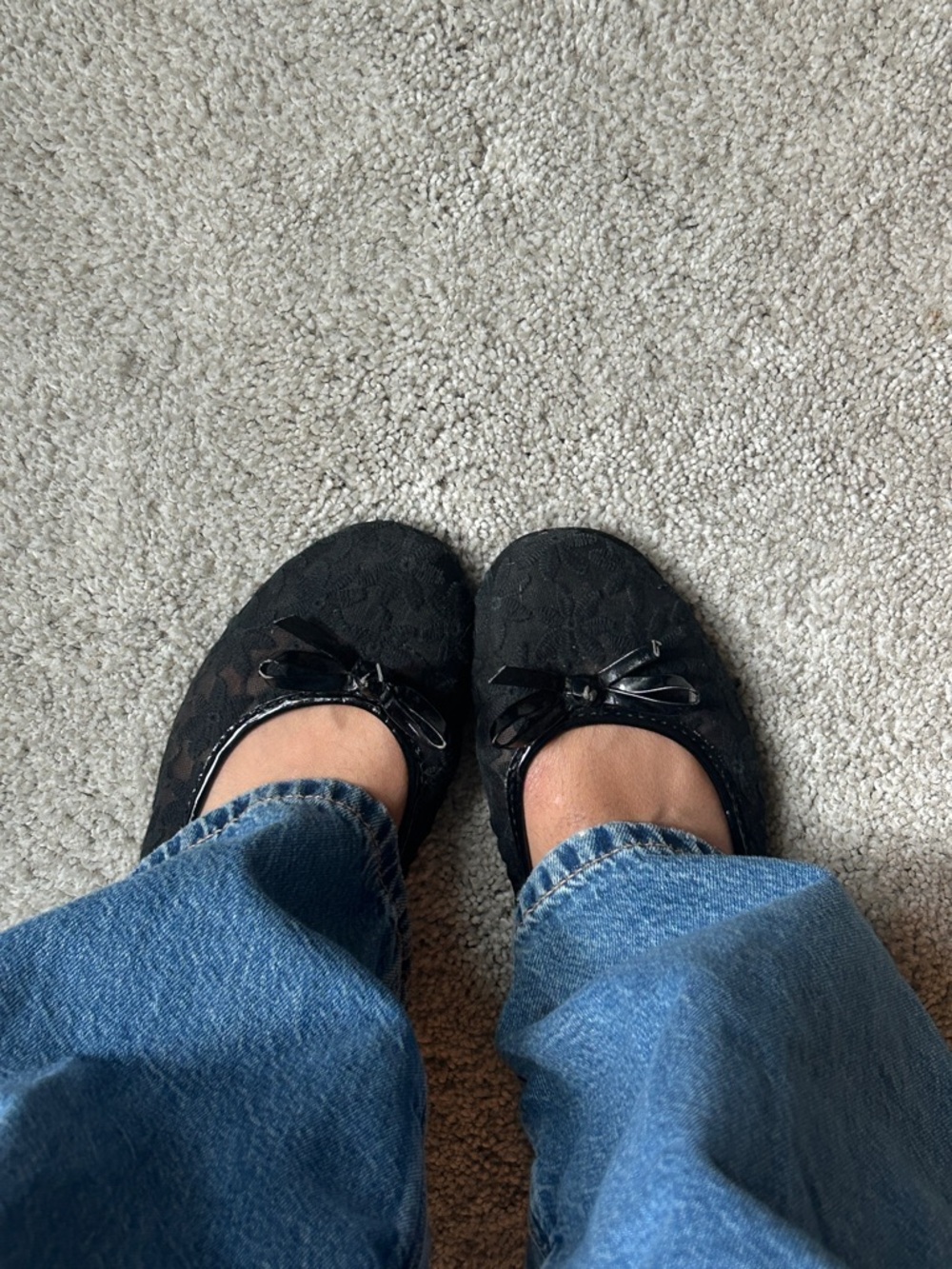 Black Lace Ballet Flats with Bow - Women's Shoes